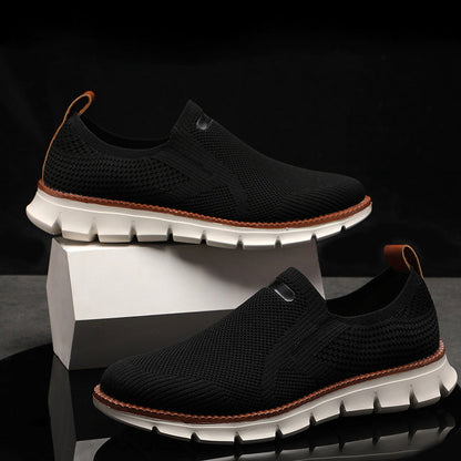 Men's beige knit mesh slip on shoes with rubber sole