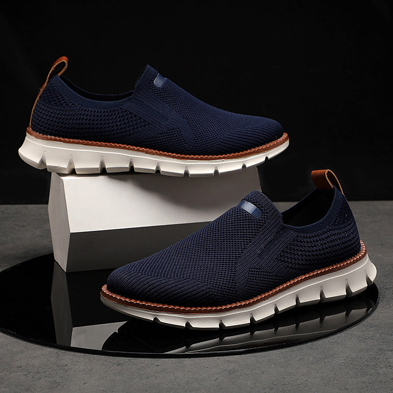 Men's beige knit mesh slip on shoes with rubber sole