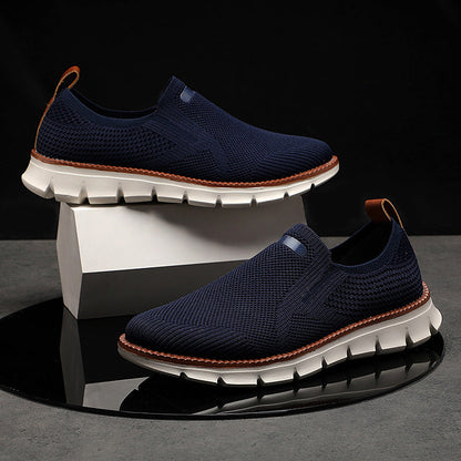 Men's beige knit mesh slip on shoes with rubber sole