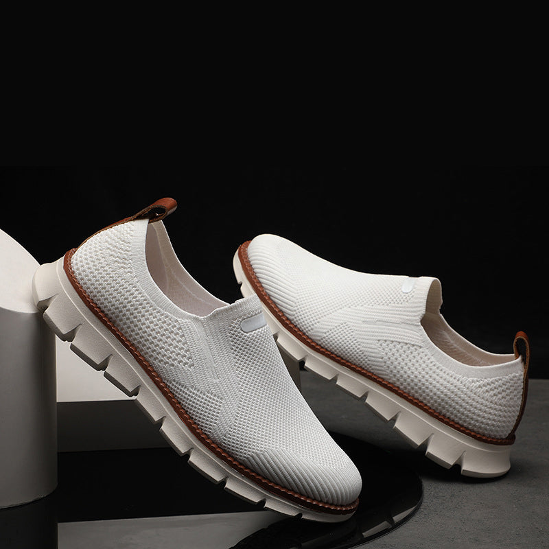 Men's beige knit mesh slip on shoes with rubber sole