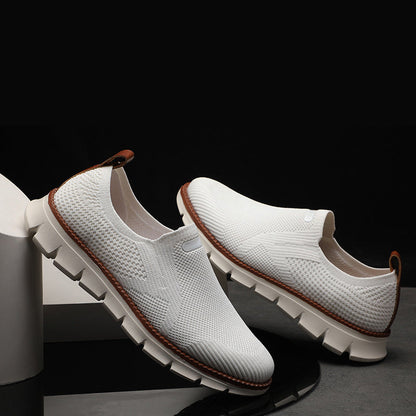 Men's beige knit mesh slip on shoes with rubber sole