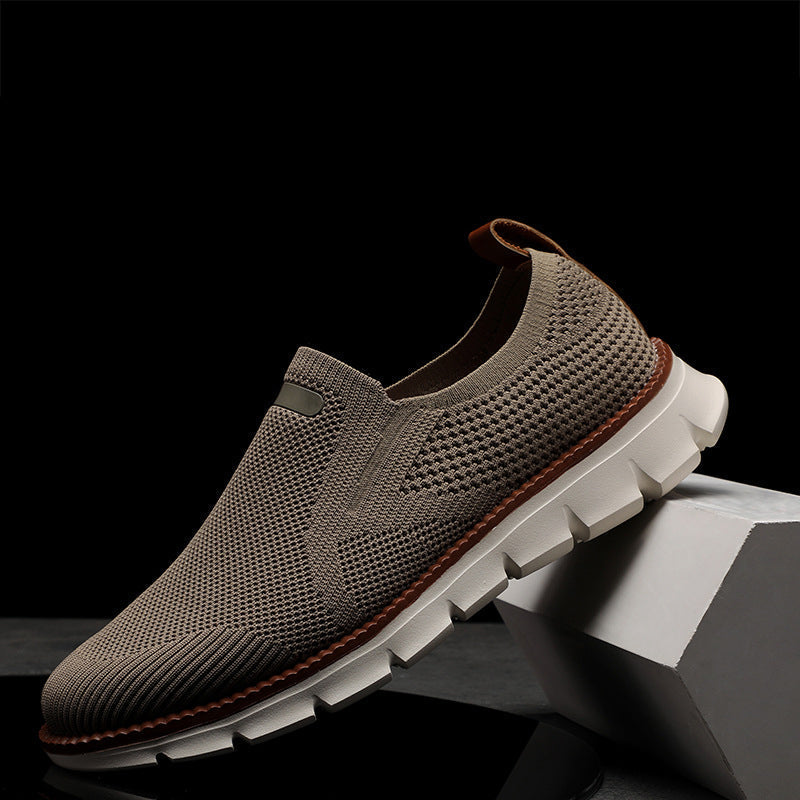 Men's beige knit mesh slip on shoes with rubber sole
