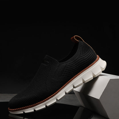 Men's beige knit mesh slip on shoes with rubber sole