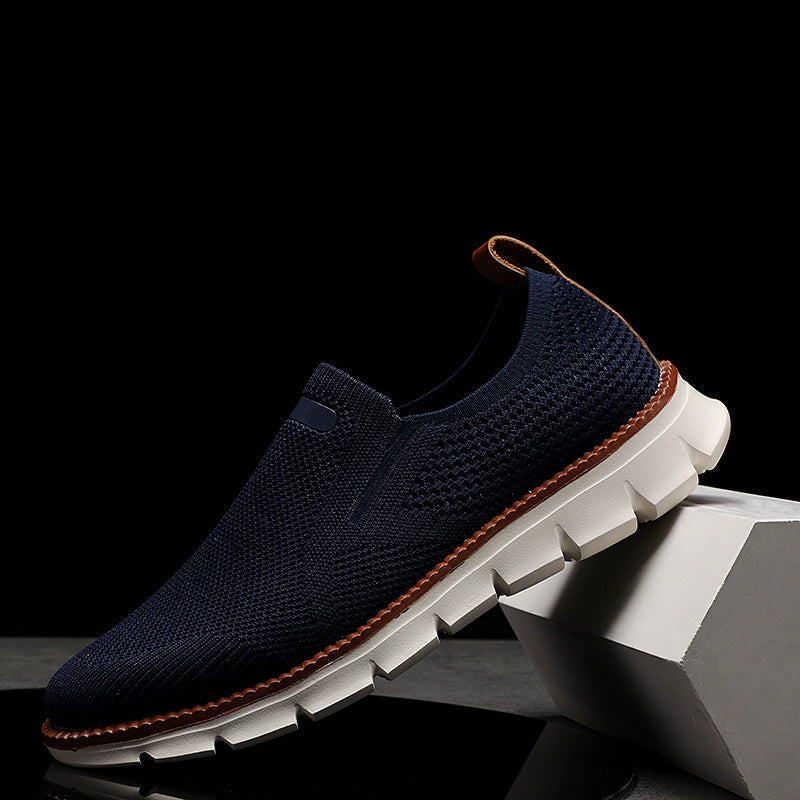 Men's beige knit mesh slip on shoes with rubber sole