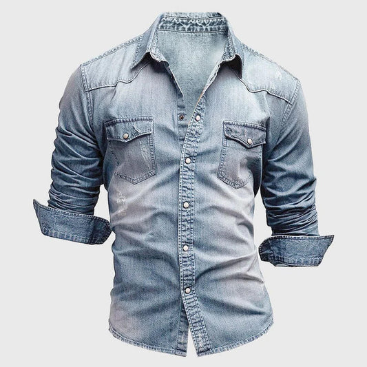Men's light blue slim fit denim shirt with chest pockets and long sleeves