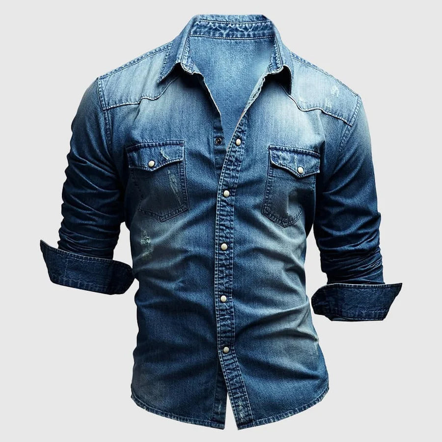Men's light blue slim fit denim shirt with chest pockets and long sleeves