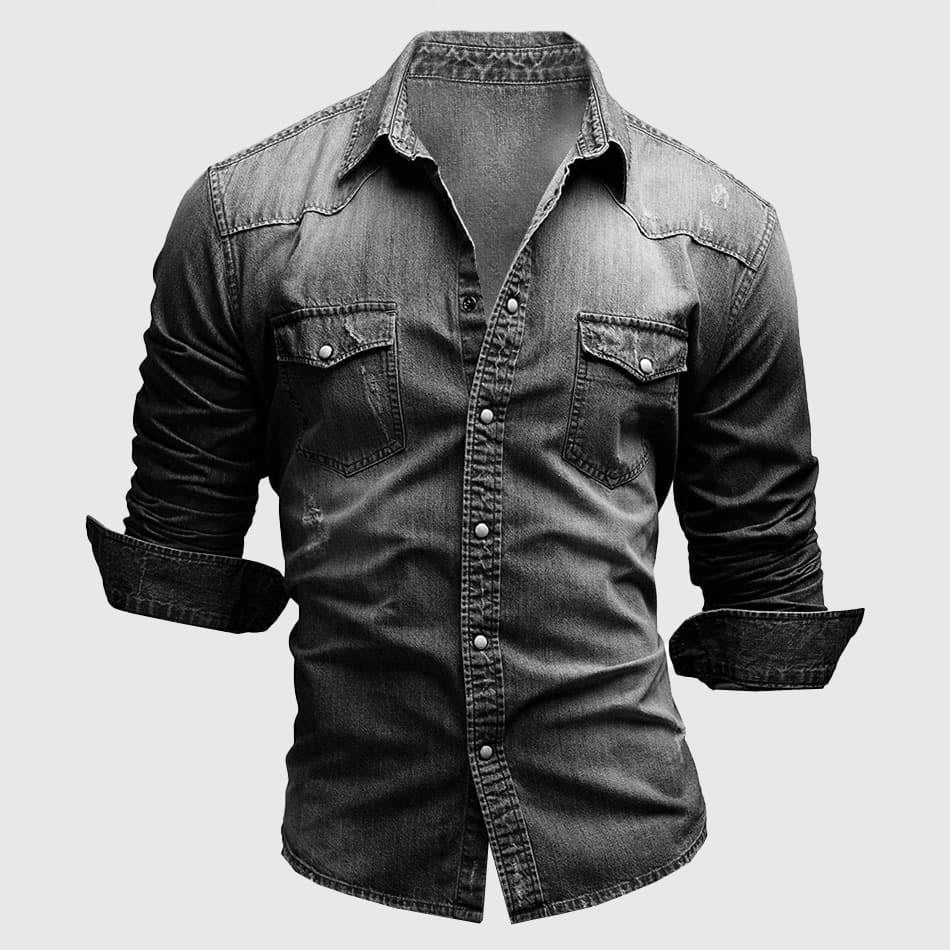 Men's light blue slim fit denim shirt with chest pockets and long sleeves