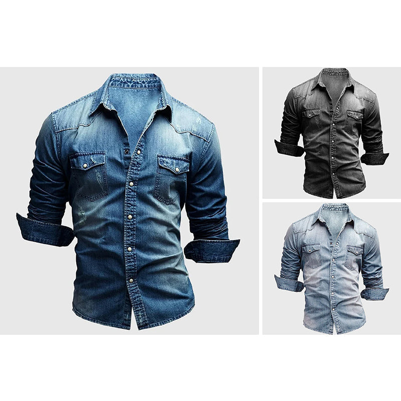 Men's light blue slim fit denim shirt with chest pockets and long sleeves