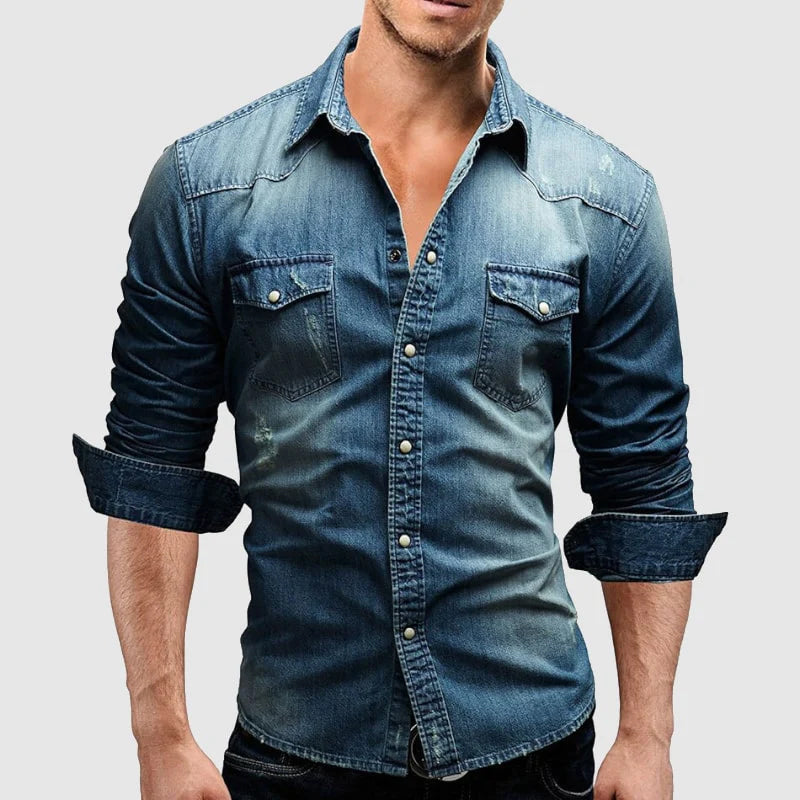 Men's light blue slim fit denim shirt with chest pockets and long sleeves