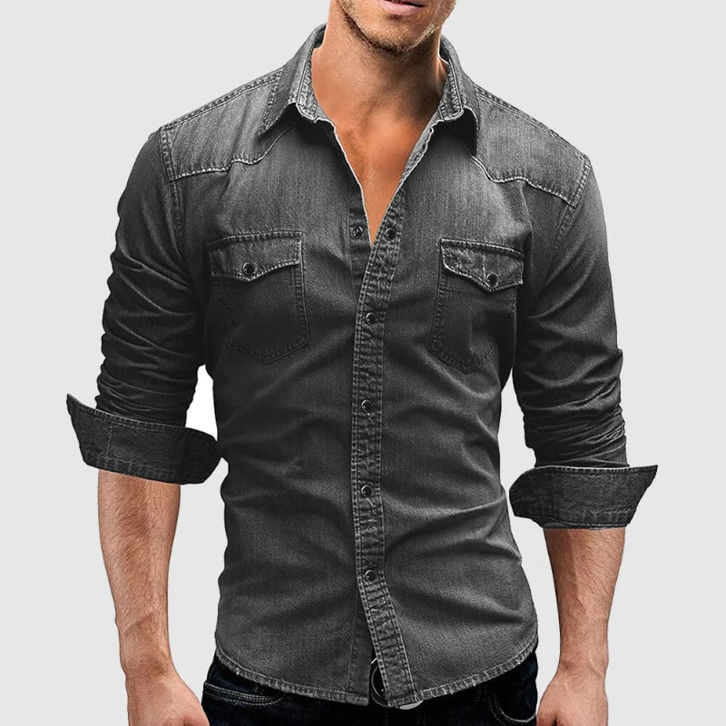 Men's dark blue slim fit denim shirt with chest pockets and long sleeves