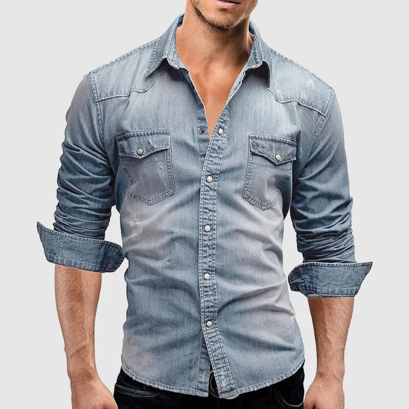 Men's dark blue slim fit denim shirt with chest pockets and long sleeves