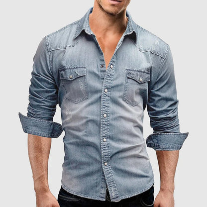 Men's dark blue slim fit denim shirt with chest pockets and long sleeves