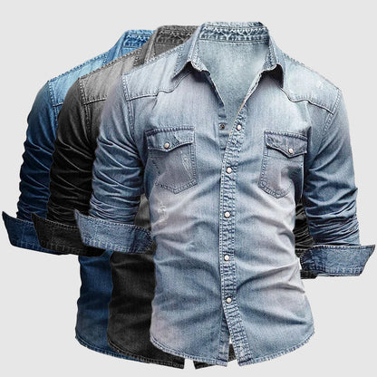 Men's dark blue slim fit denim shirt with chest pockets and long sleeves