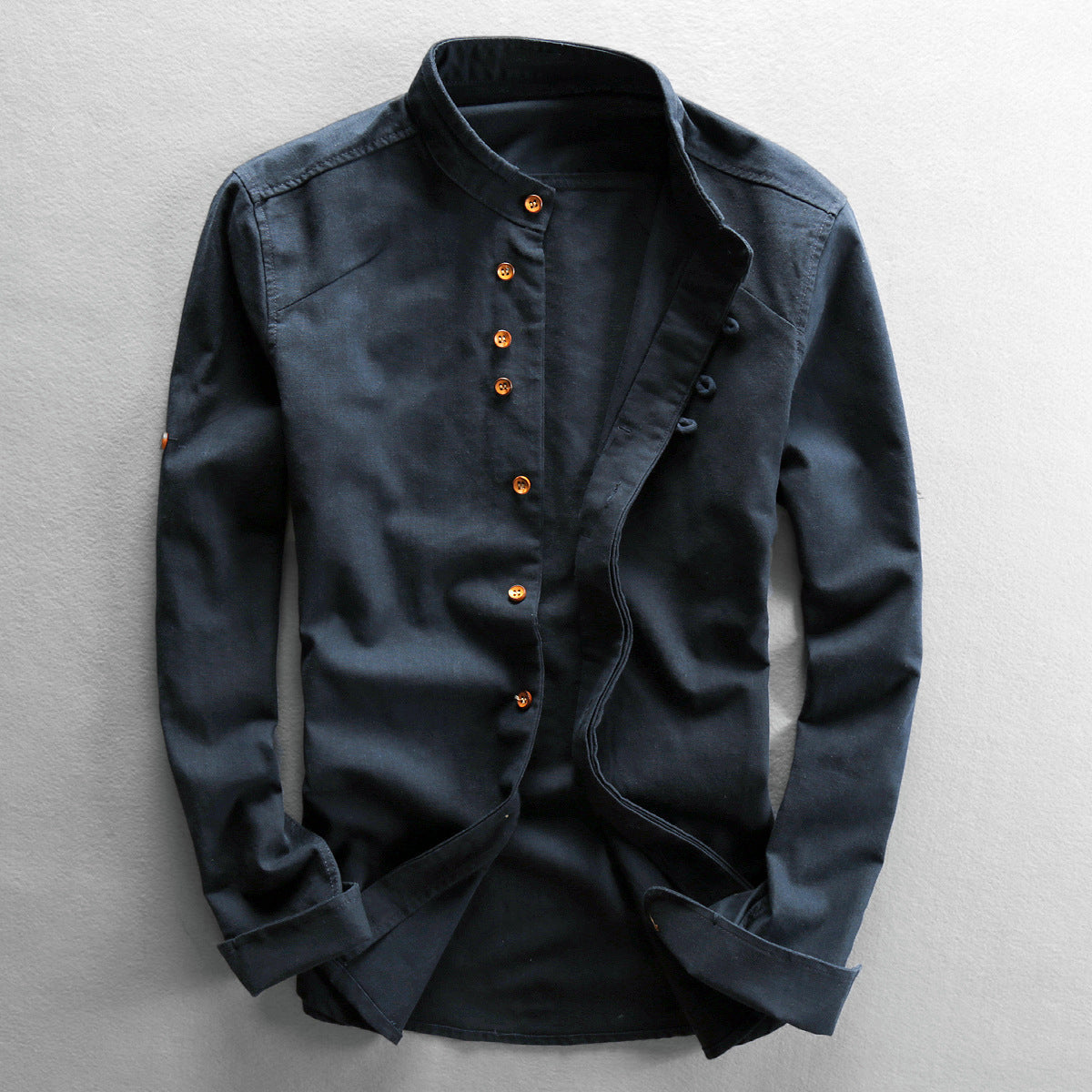 Men's blue breathable cotton linen shirt with high collar and long sleeves