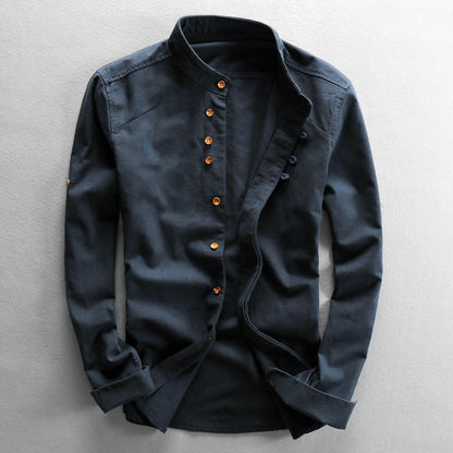 Men's blue breathable cotton linen shirt with high collar and long sleeves