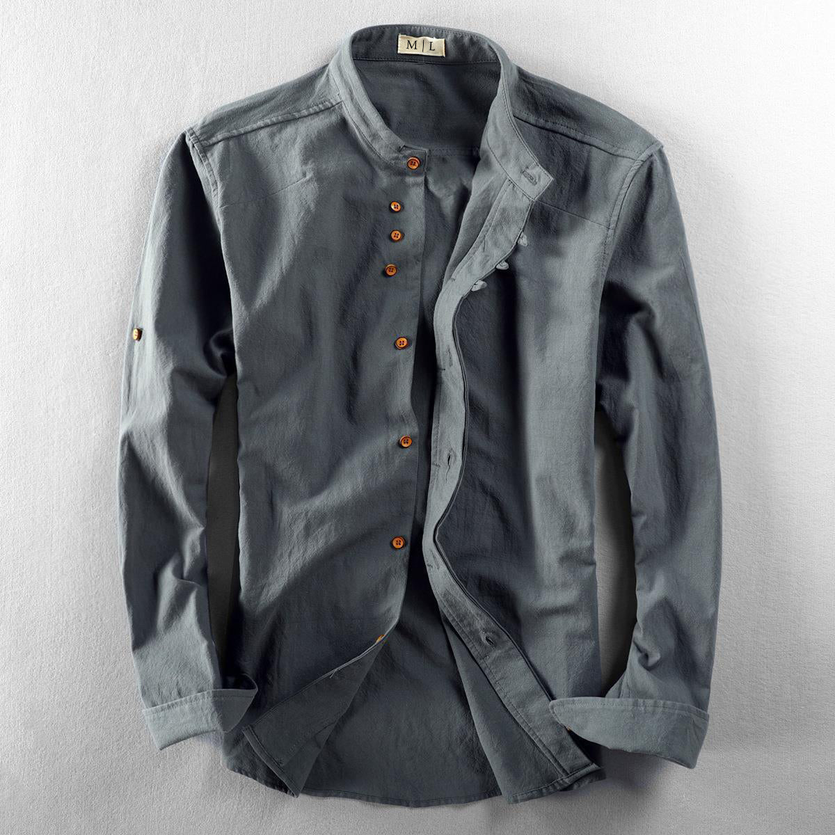 Men's blue breathable cotton linen shirt with high collar and long sleeves
