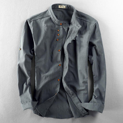 Men's blue breathable cotton linen shirt with high collar and long sleeves