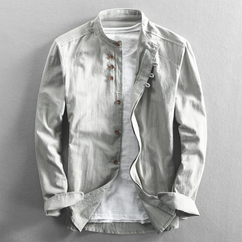 Men's blue breathable cotton linen shirt with high collar and long sleeves