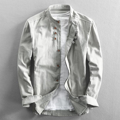 Men's blue breathable cotton linen shirt with high collar and long sleeves