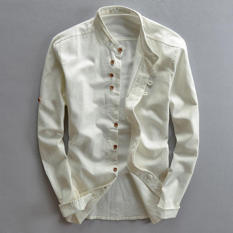Men's blue breathable cotton linen shirt with high collar and long sleeves