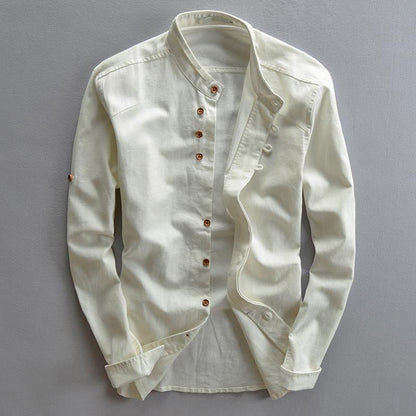 Men's blue breathable cotton linen shirt with high collar and long sleeves