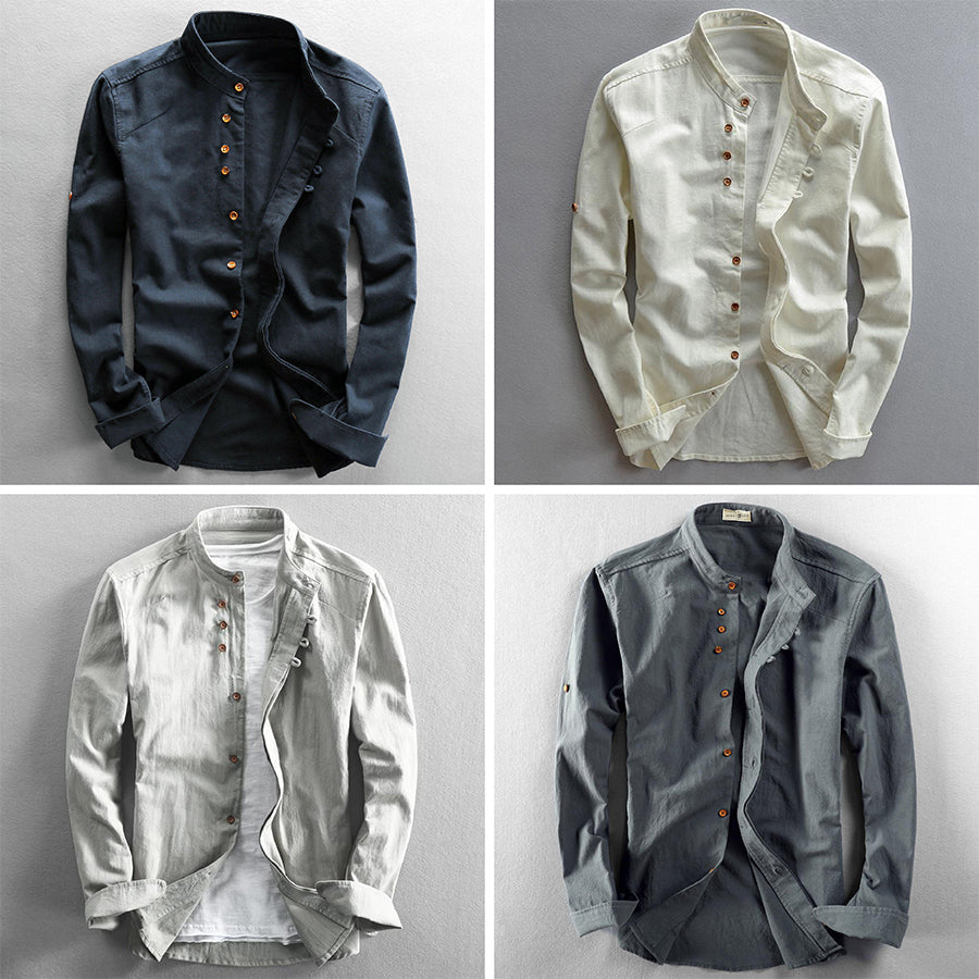 Men's blue breathable cotton linen shirt with high collar and long sleeves
