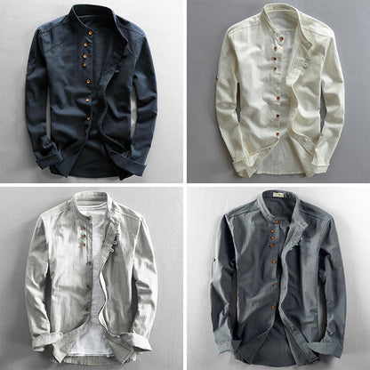 Men's blue breathable cotton linen shirt with high collar and long sleeves