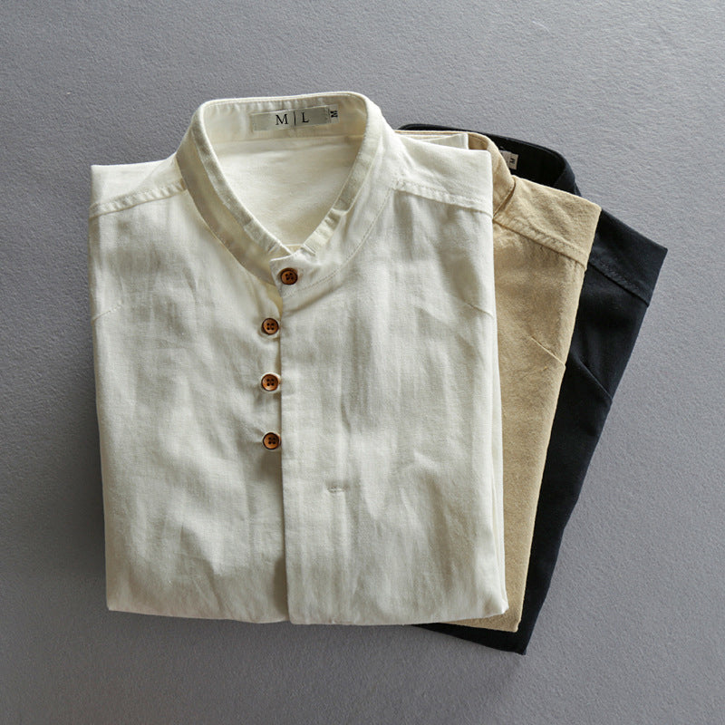 Men's dark gray breathable cotton linen shirt with high collar and long sleeves