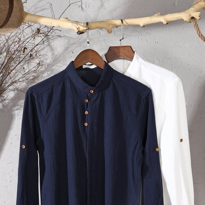 Men's dark gray breathable cotton linen shirt with high collar and long sleeves