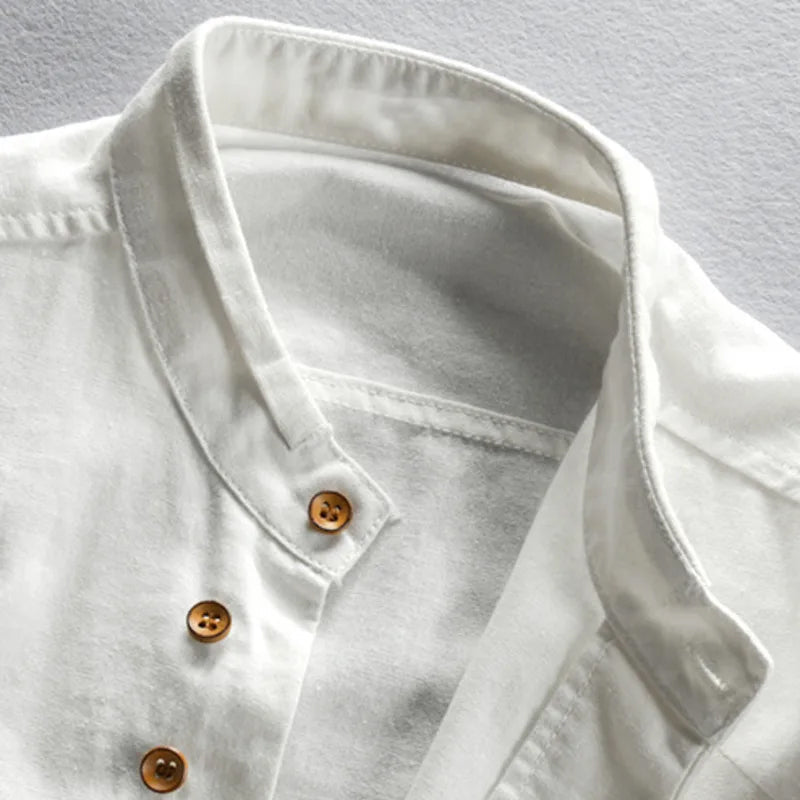 Men's dark gray breathable cotton linen shirt with high collar and long sleeves