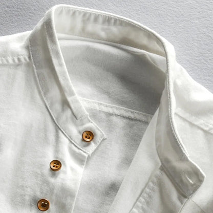 Men's dark gray breathable cotton linen shirt with high collar and long sleeves