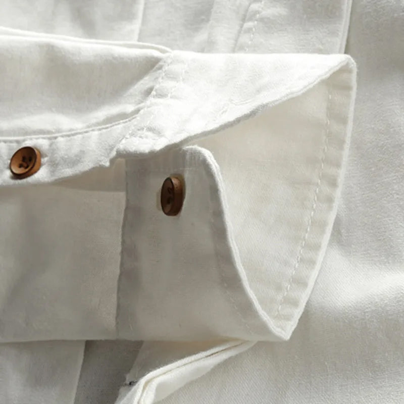 Men's dark gray breathable cotton linen shirt with high collar and long sleeves