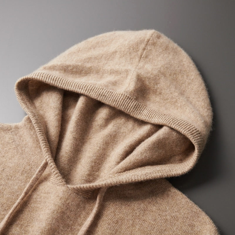 Men's beige merino wool hoodie in soft thermal knit