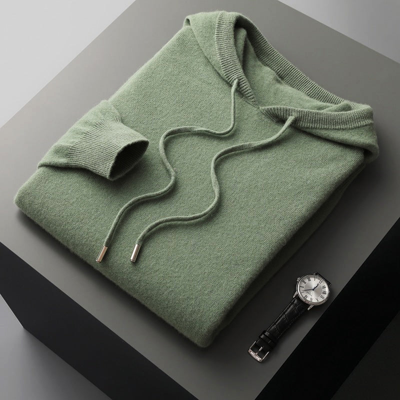 Men's beige merino wool hoodie in soft thermal knit