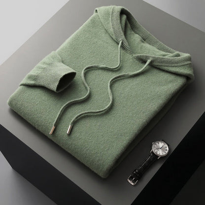 Men's beige merino wool hoodie in soft thermal knit