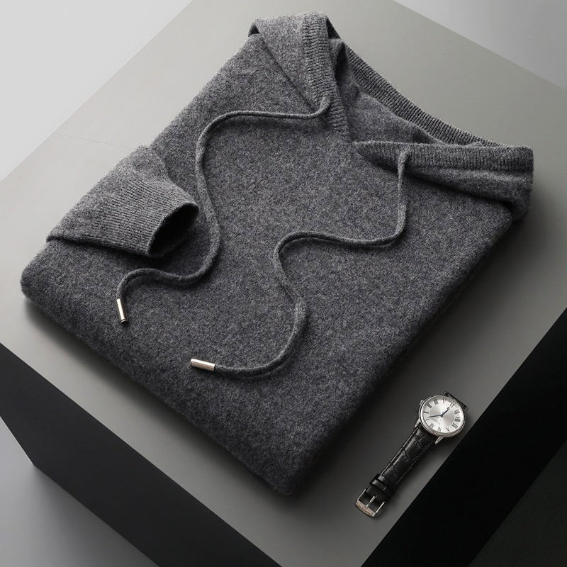 Men's beige merino wool hoodie in soft thermal knit