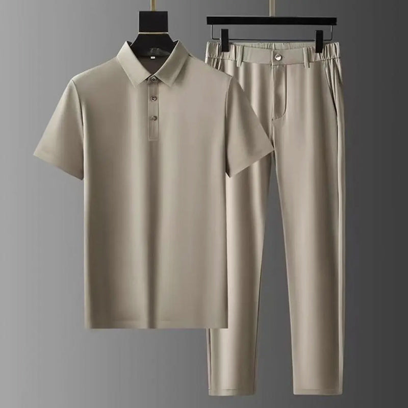 Men's khaki two piece set with short sleeve shirt and elastic waist pants