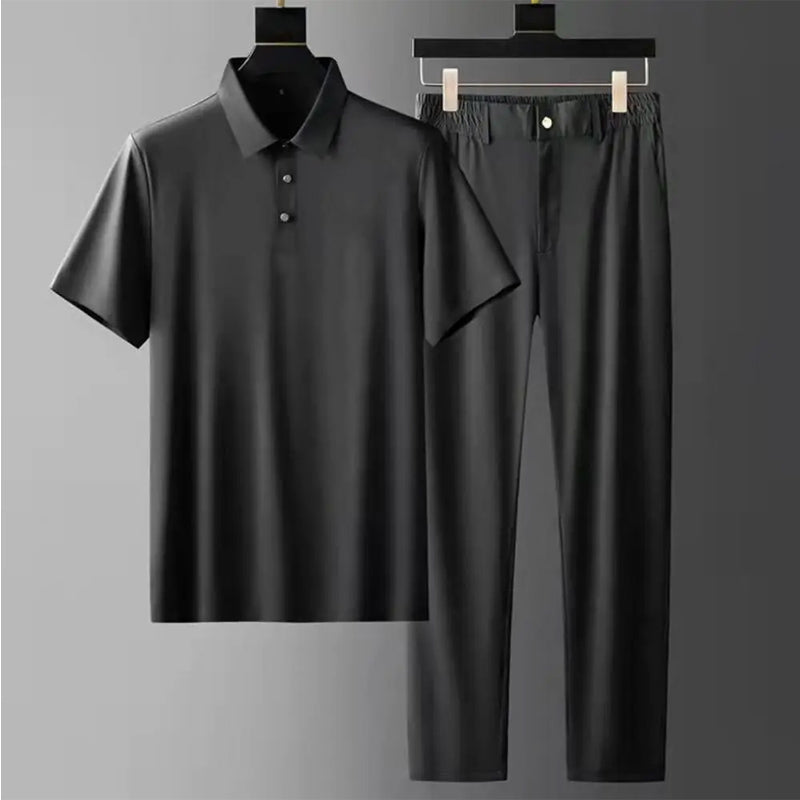 Men's khaki two piece set with short sleeve shirt and elastic waist pants