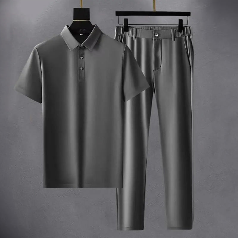 Men's khaki two piece set with short sleeve shirt and elastic waist pants