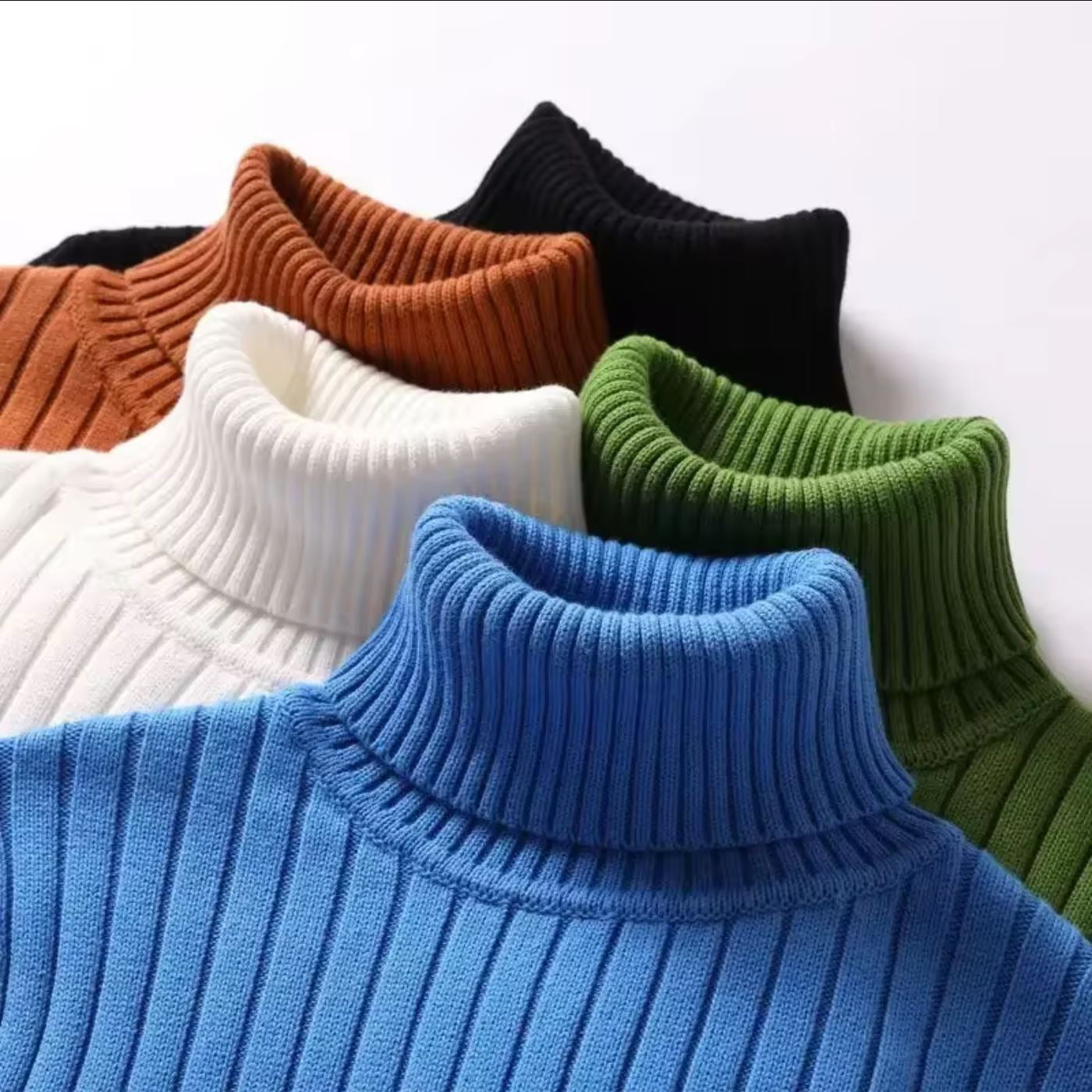 Men's blue striped turtleneck sweater in soft cotton knit