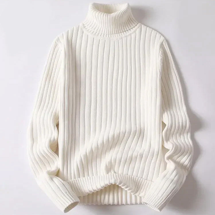 Men's blue striped turtleneck sweater in soft cotton knit