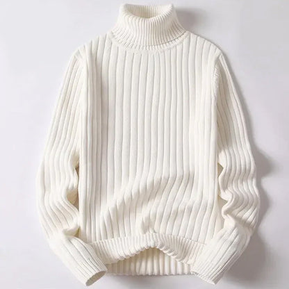 Men's blue striped turtleneck sweater in soft cotton knit