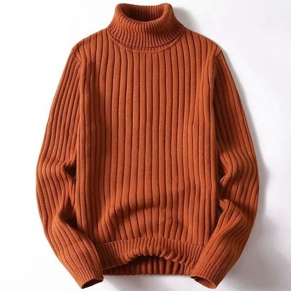 Men's blue striped turtleneck sweater in soft cotton knit