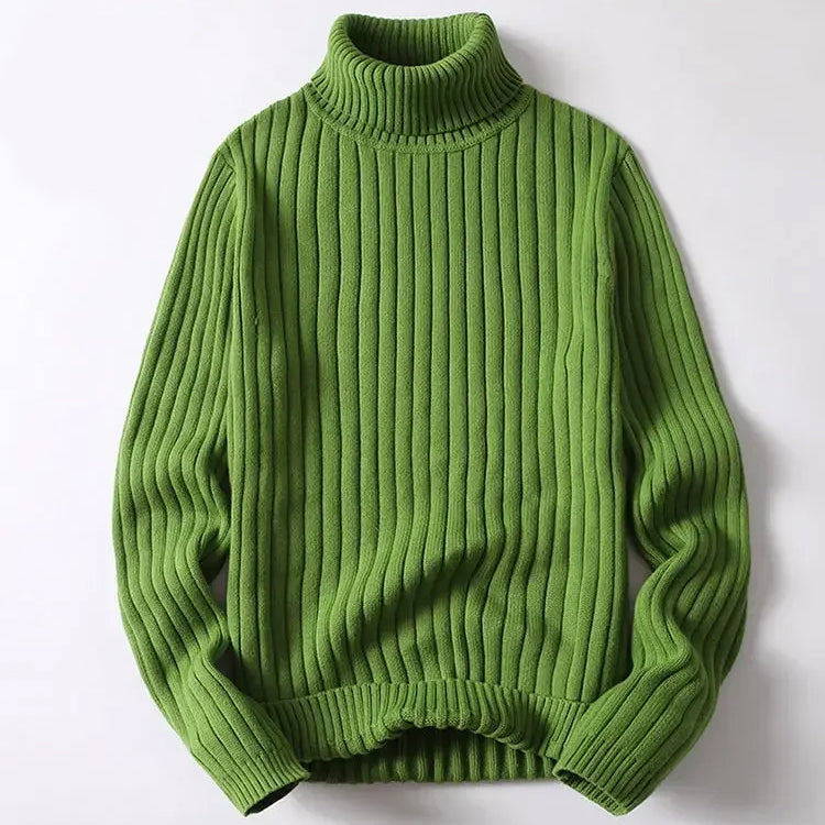 Men's blue striped turtleneck sweater in soft cotton knit