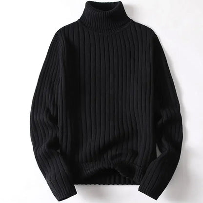 Men's blue striped turtleneck sweater in soft cotton knit
