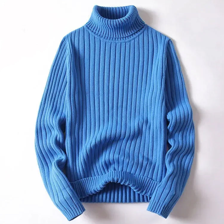 Men's white striped turtleneck sweater in soft cotton knit