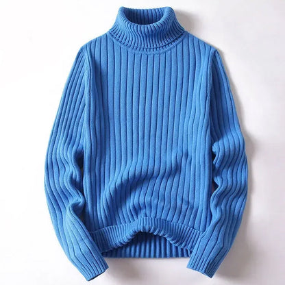 Men's white striped turtleneck sweater in soft cotton knit