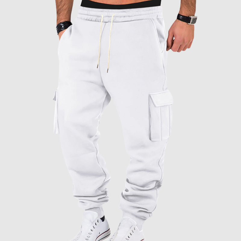 Men's black plush fleece utility cargo pants with tapered leg