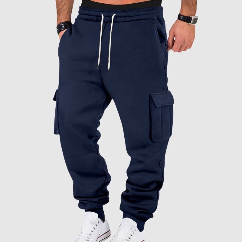 Men's black plush fleece utility cargo pants with tapered leg