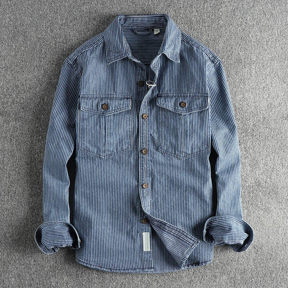 Men's blue striped denim shirt with turn down collar and long sleeves